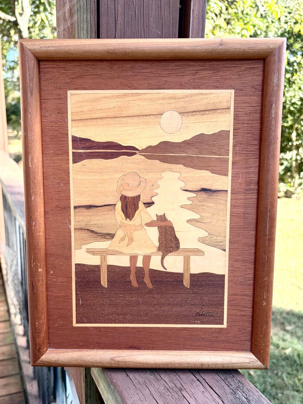 Vintage Hudson River Inlay Wood Marquetry Art Girl & Cat Sunset Nelson Signed